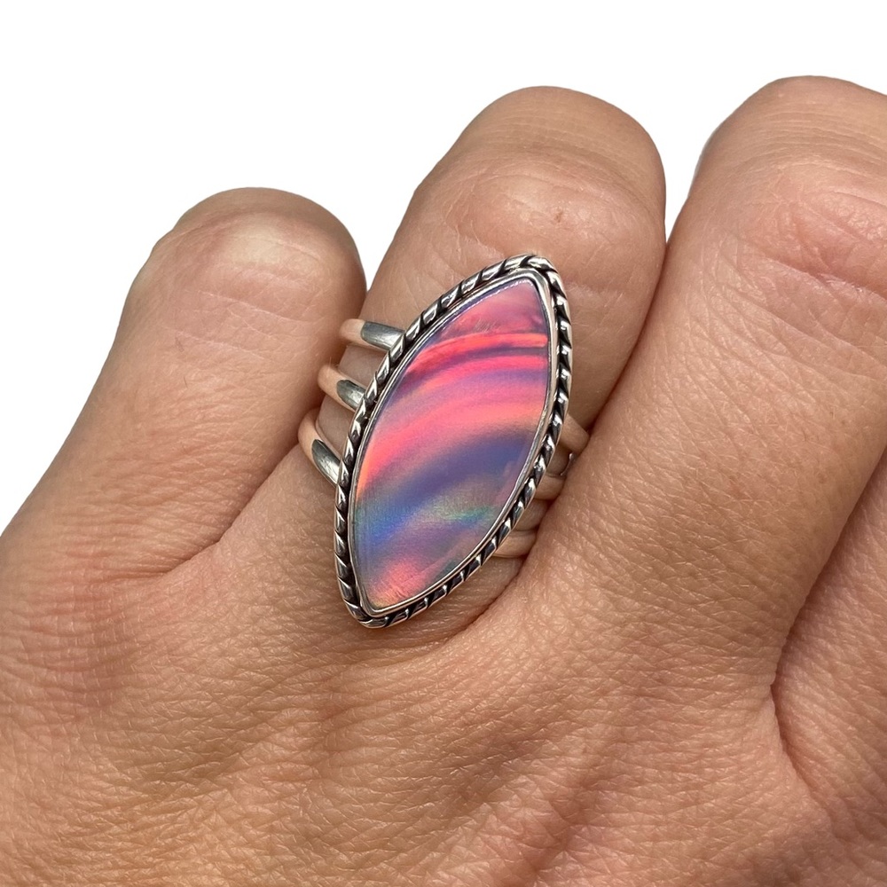 Aura Fire Opal Ring Size 7 Solid 925 Sterling Silver Aurora Stone Pink Jewelry